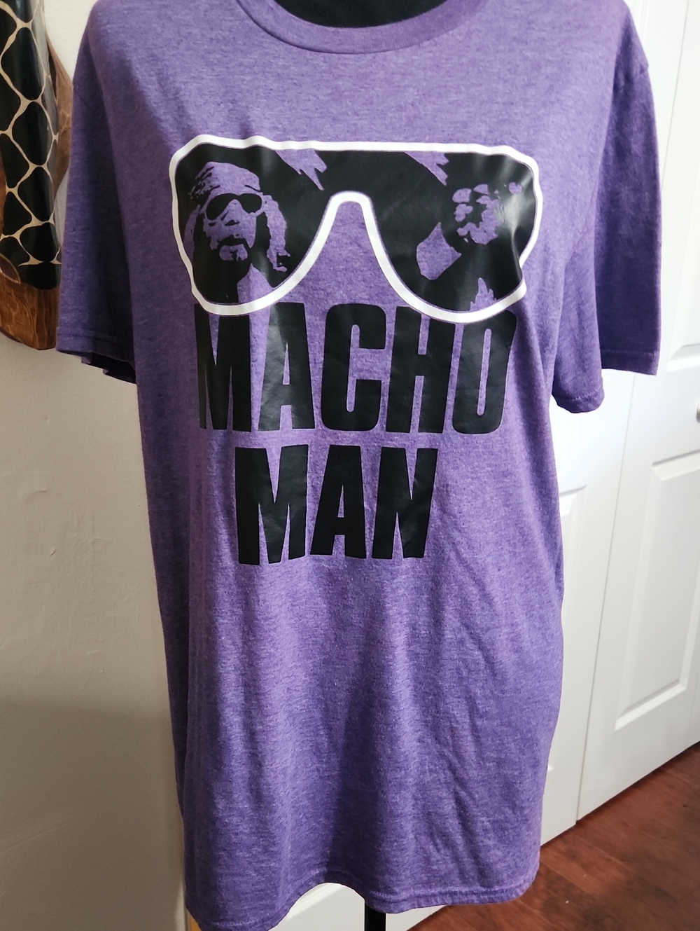 Purple 'MACHO MAN' Randy Savage Graphic Tee with Black Sunglasses Print. WWE